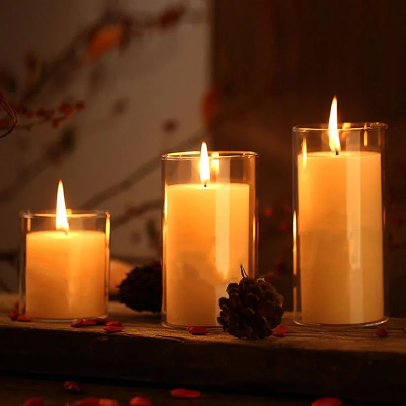 A clear glass candle holder with a tall pillar candle is lit, set on a wooden surface with pine cones and red petals.