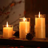 A clear glass candle holder with a tall pillar candle is lit, set on a wooden surface with pine cones and red petals.