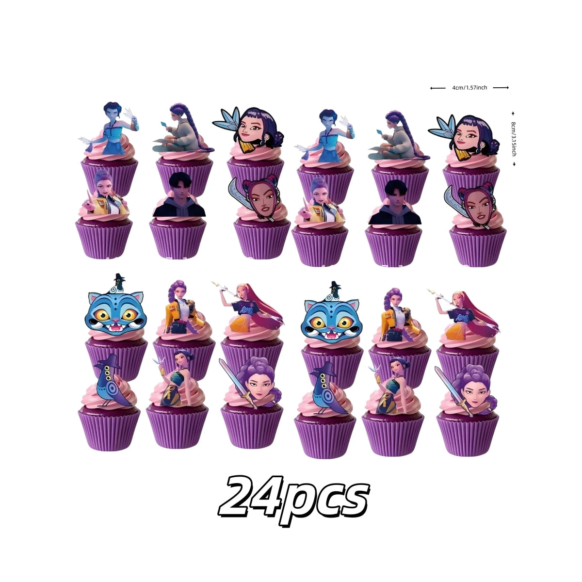 A set of 24 anime hunter girl cake toppers featuring various characters in purple and pink packaging.