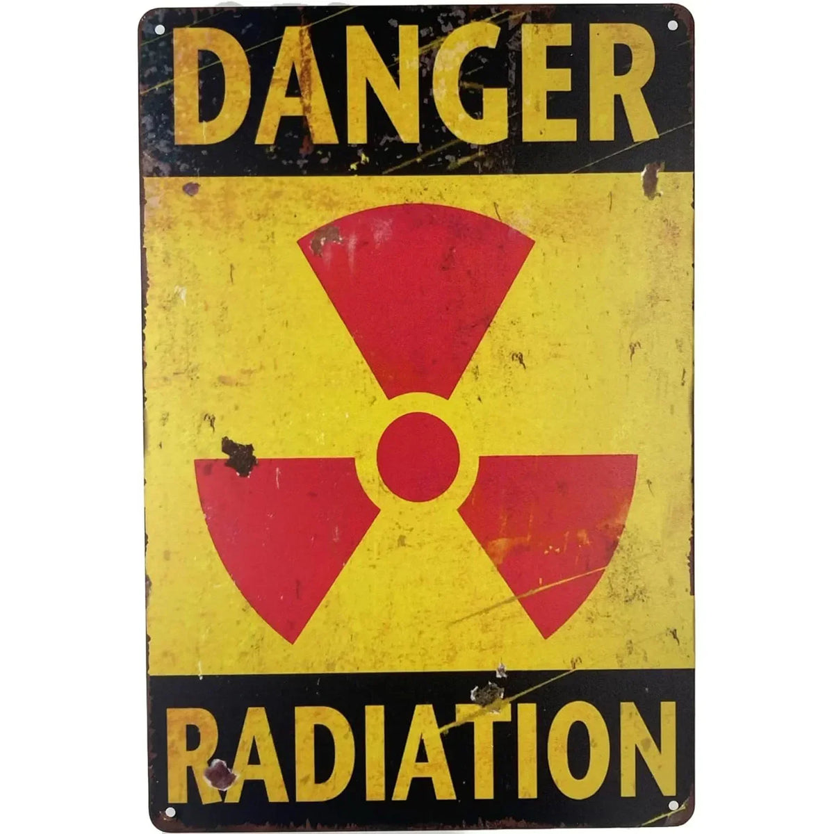 Vintage yellow and black sign with the word DANGER above a red radiation symbol and the word RADIATION below