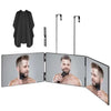 Portable trifold vanity mirror with adjustable hook and grooming kit shown in a display setting.