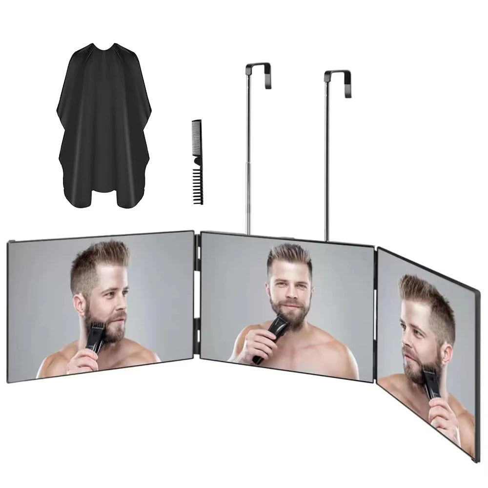 Portable trifold vanity mirror with adjustable hook and grooming kit shown in a display setting.