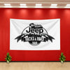 A white banner featuring a black silhouette of a Jeep with the text Rocks & Road Tour on a circular emblem.