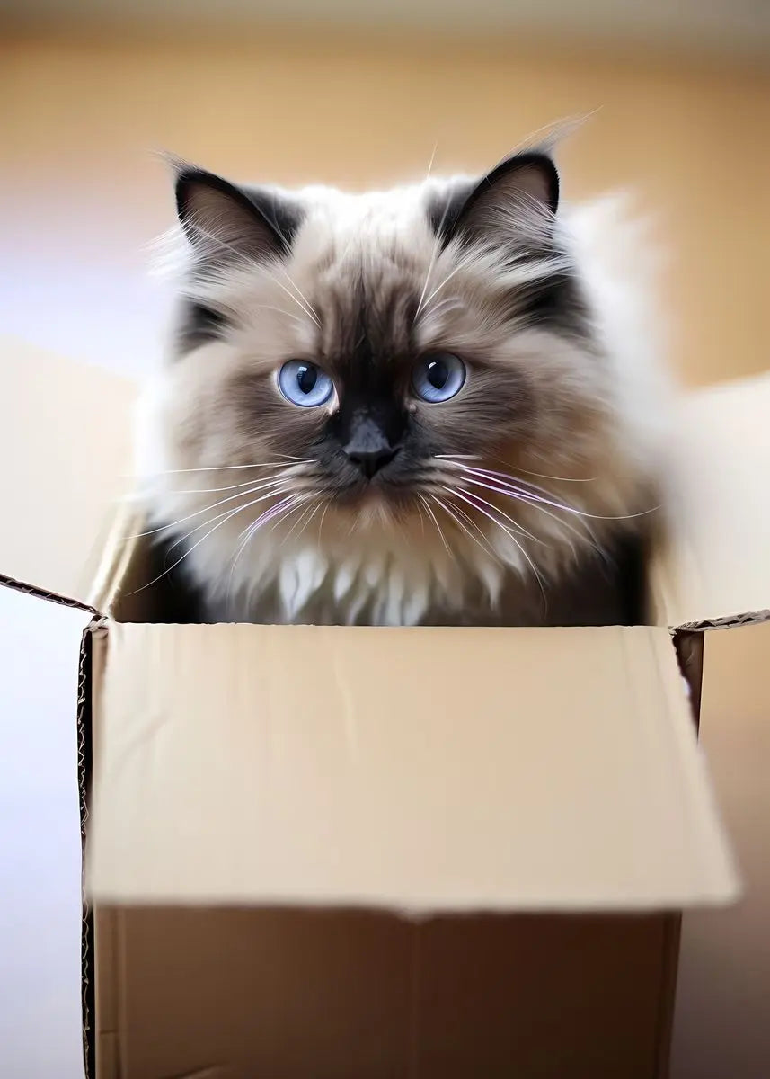 A fluffy, blue-eyed kitten with gray and white fur is looking out of a cardboard box.