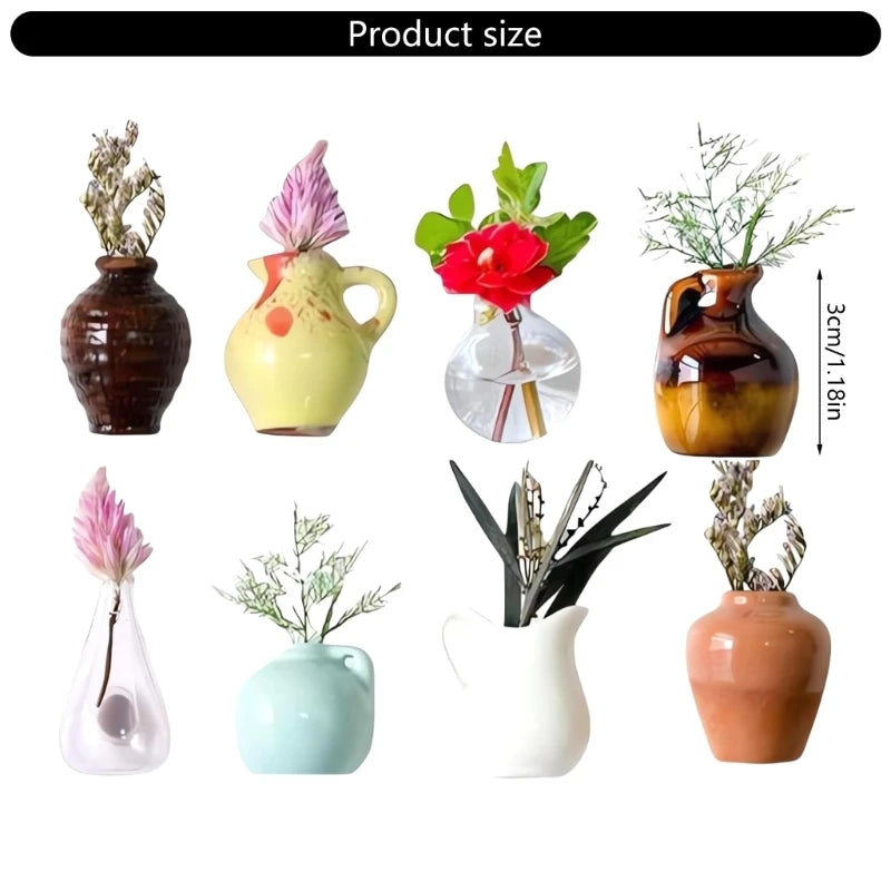 A collection of eight magnetic mini ceramic vases in various colors and shapes.