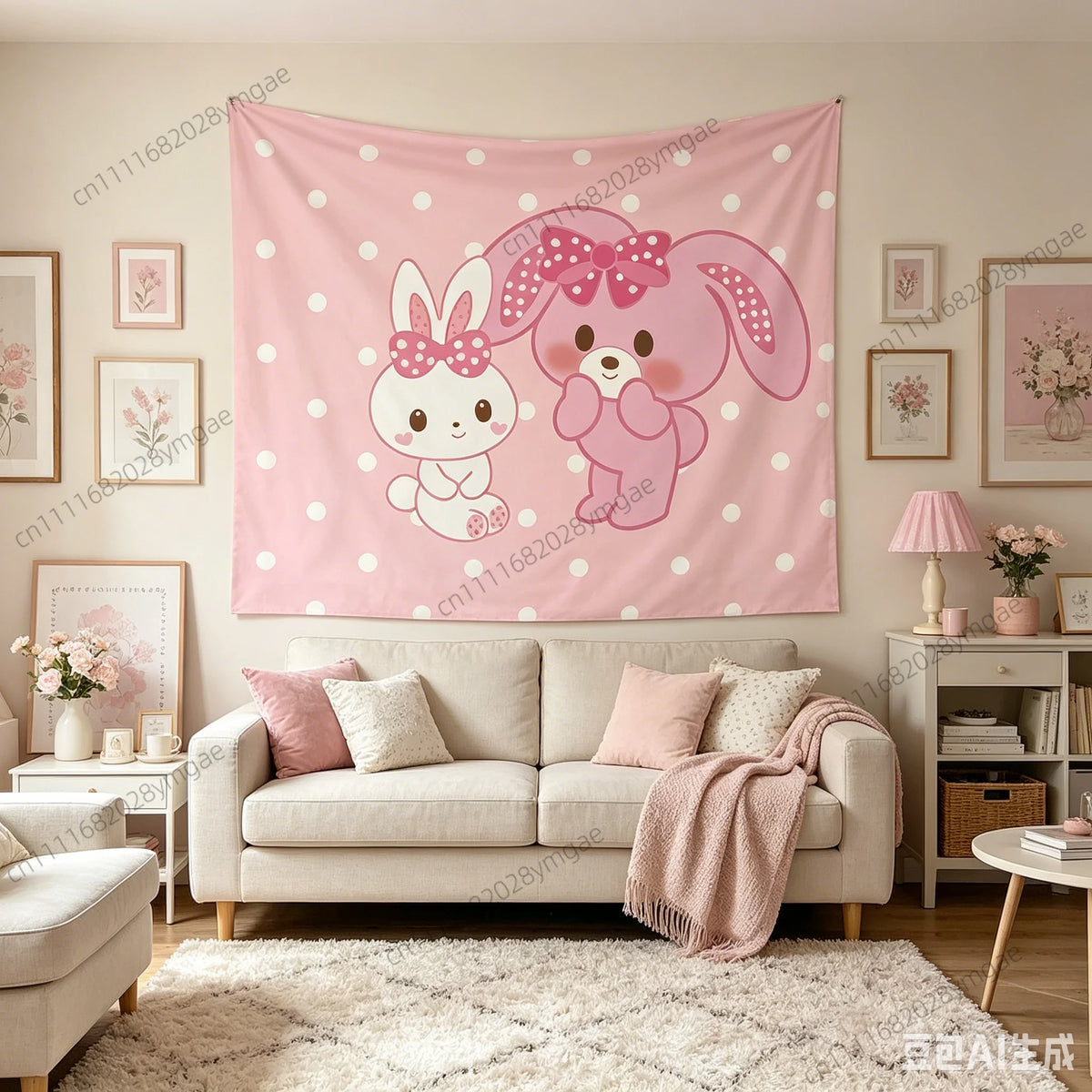 Rosa und weißes Wandteppich mit niedlichem Hasencharakter und rosa Akzenten.