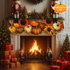 An autumn harvest fireplace mantel decorated with pumpkins, leaves, and a festive display.