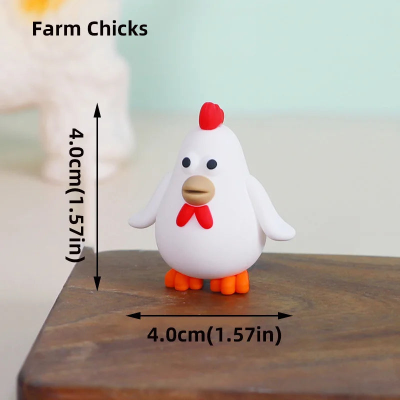 A white ceramic farm chick cake topper with a red beak and comb, shown next to a measurement guide.