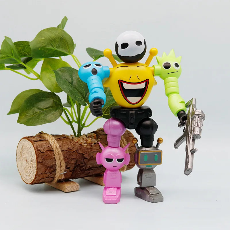 A collection of colorful robot figures, including a yellow face and green arm, standing next to a wooden log.