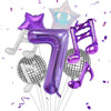 A set of purple musical number balloons including a large number seven and a star shape.