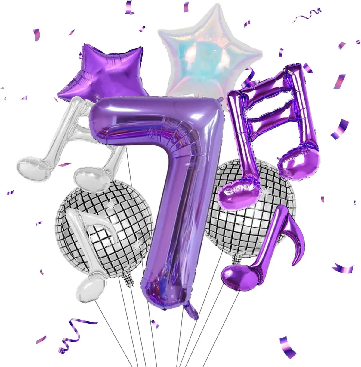 A set of purple musical number balloons including a large number seven and a star shape.