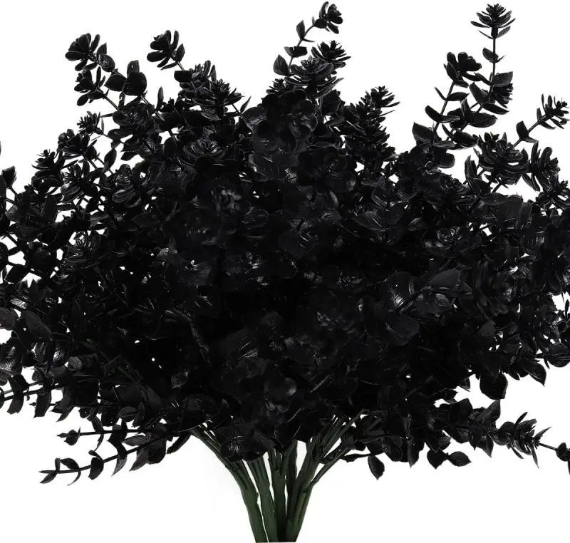 A dense, dark green artificial eucalyptus branch with seven stems used for home decor or weddings.