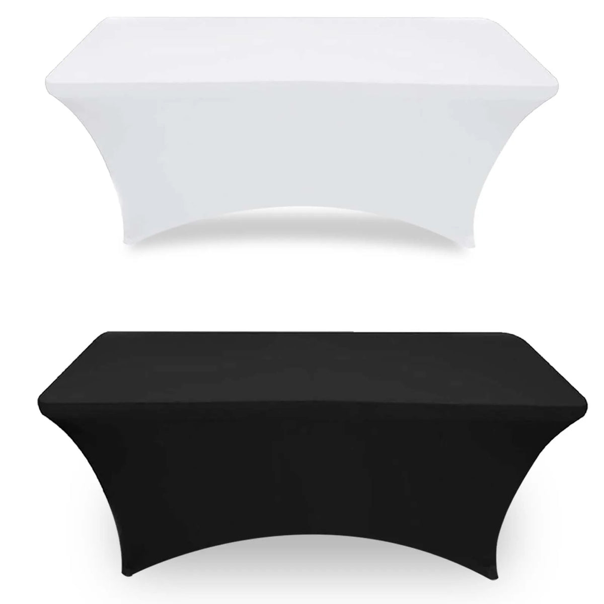 A black stretch fitted spandex table cover draped over a rectangular table.