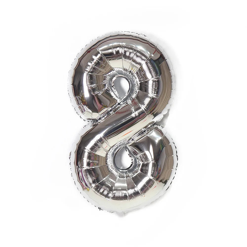 Metallic silver foil balloon shaped like the number 8