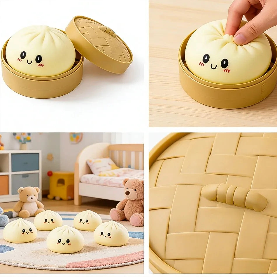A yellow squishy toy shaped like a dumpling is shown in various packaging and usage contexts.