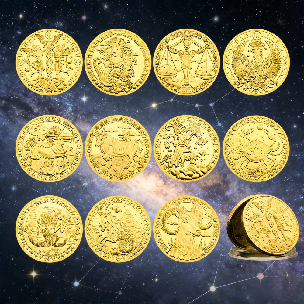 A collection of twelve gold-colored commemorative iron coins depicting zodiac symbols against a dark starry background.