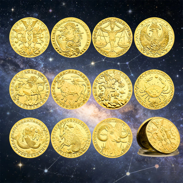 A collection of twelve gold-colored commemorative iron coins depicting zodiac symbols against a dark starry background.