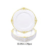A stack of elegant white and gold disposable dinnerware plates with decorative edges.