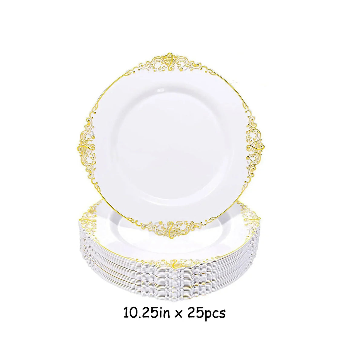 A stack of elegant white and gold disposable dinnerware plates with decorative edges.