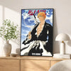 A poster featuring the character Tite Kubo from Bleach with orange hair and a black outfit against a blue sky background.