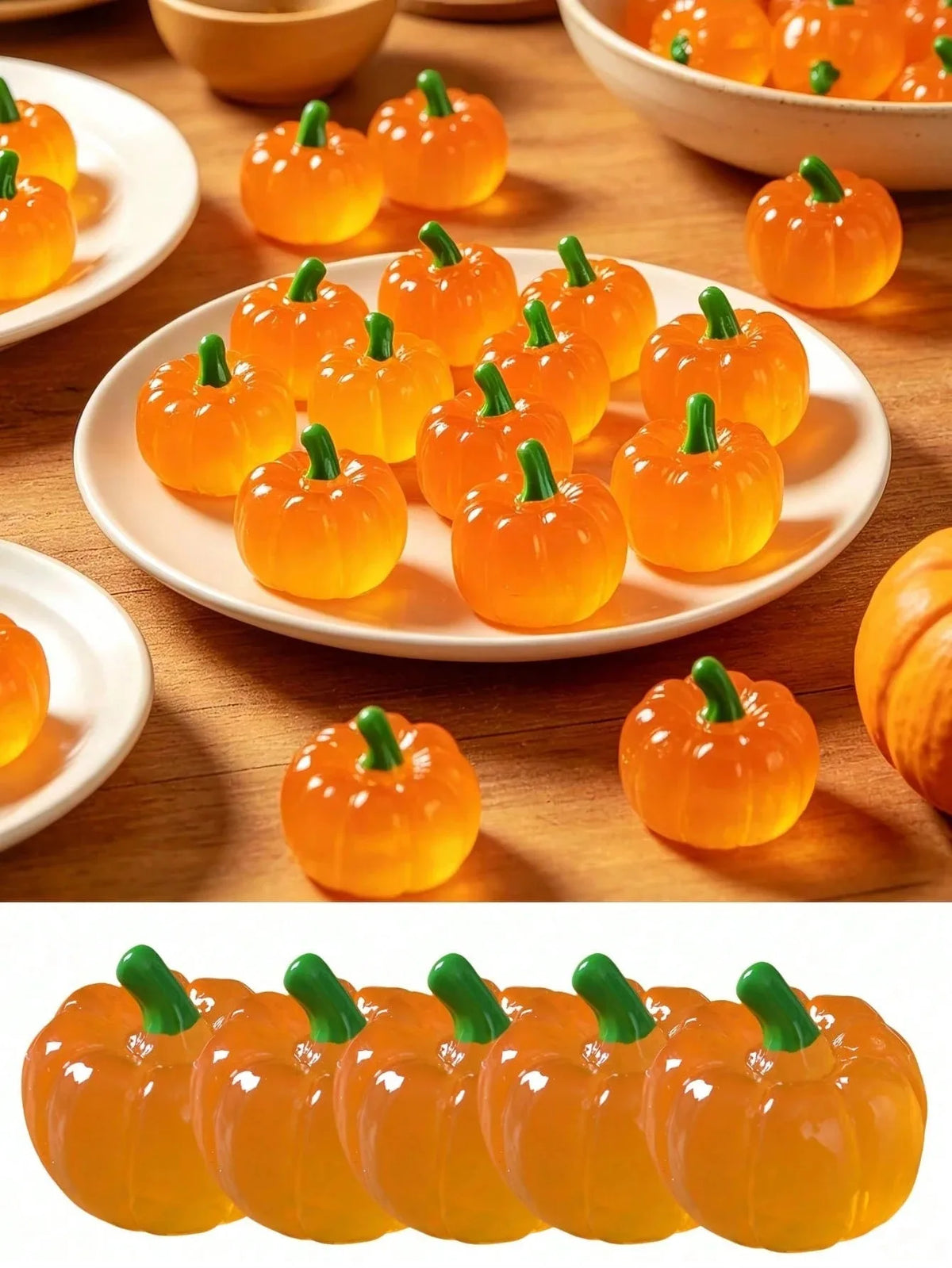 A collection of bright orange mini artificial pumpkins arranged on a white plate and wooden surface.