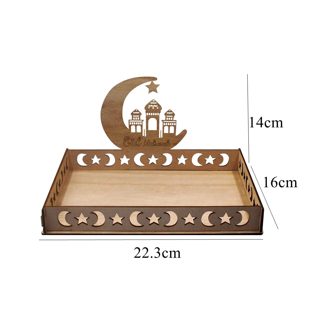 Bandeja de Eid Mubarak de madera con diseño de luna creciente y silueta de mezquita