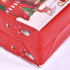A red gift box featuring holiday prints of reindeer and Christmas elements.