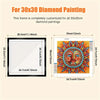A custom-made frame for a 30x30cm diamond painting, showing the dimensions and finished product.