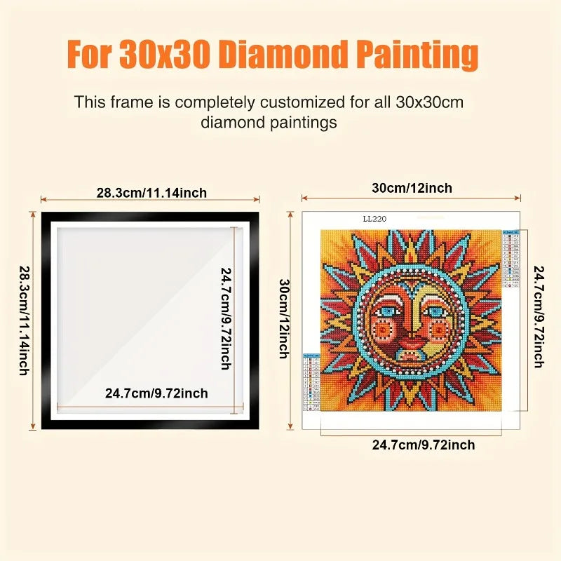 A custom-made frame for a 30x30cm diamond painting, showing the dimensions and finished product.