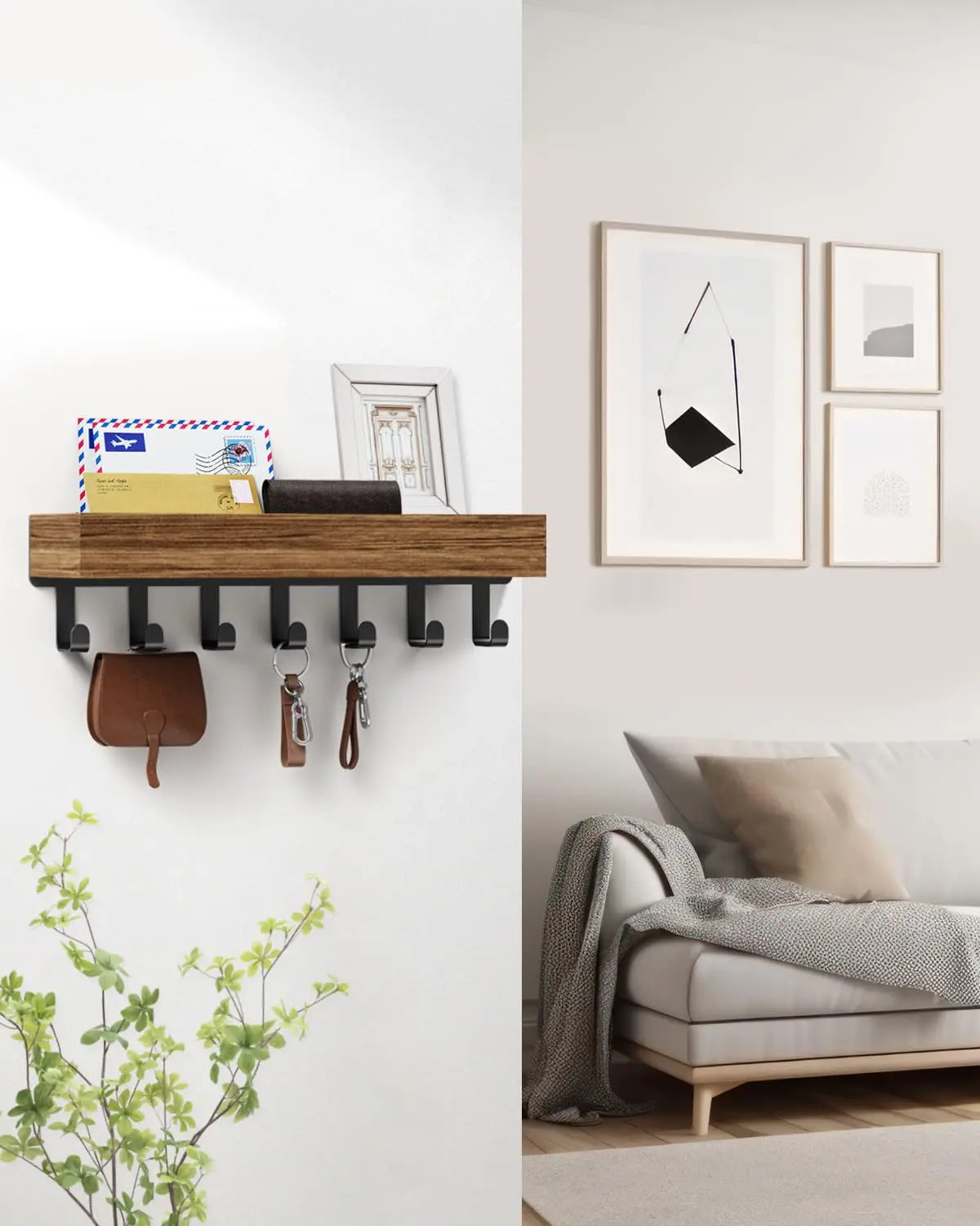 A rustic wooden floating shelf with hooks mounted on a white wall above a sofa.
