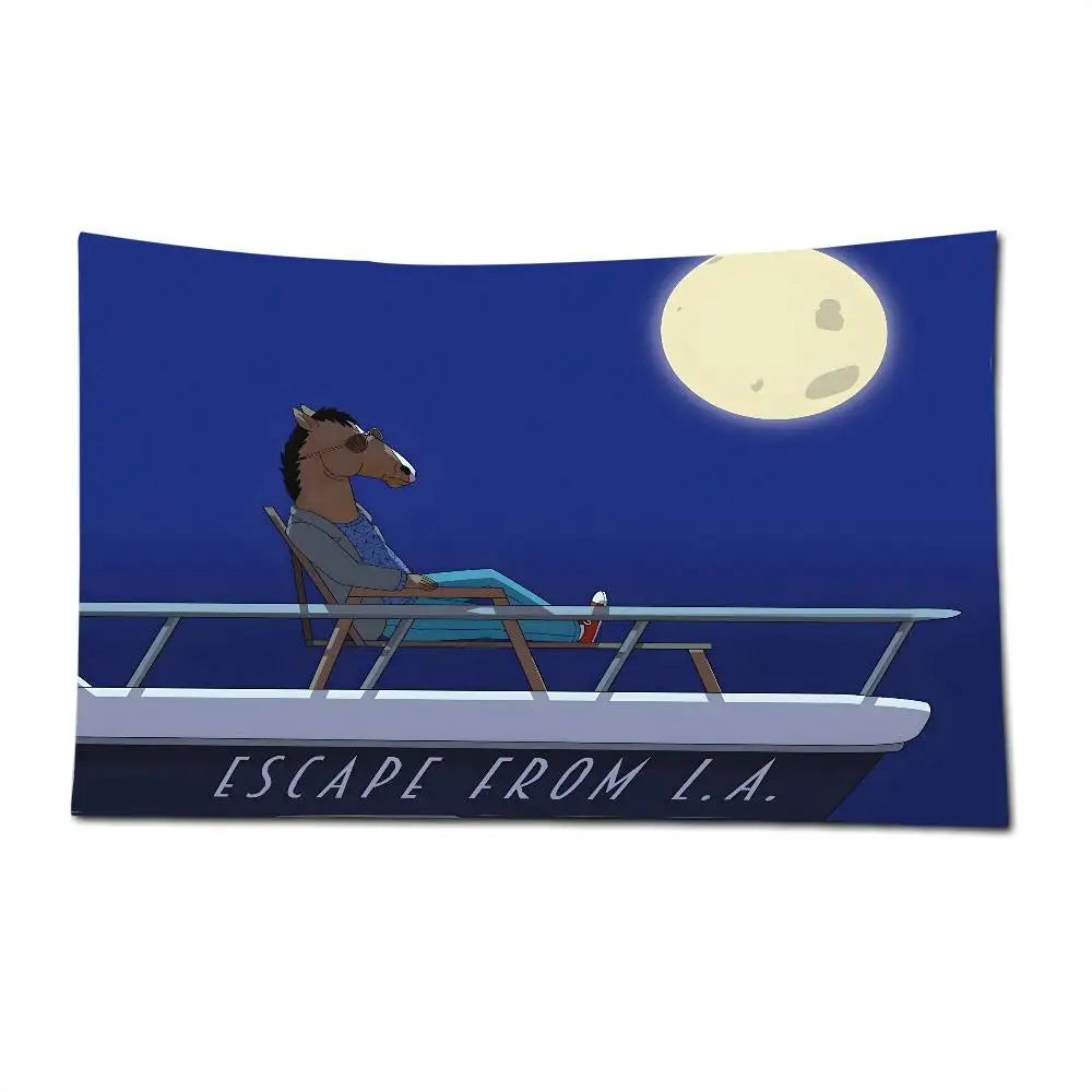 A cartoon drawing of a horse sitting on a wooden pole against a night sky with a large moon.