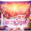 Panoramic tapestry featuring vibrant waterfalls, lush greenery, and colorful cliffs under a bright sunset sky.