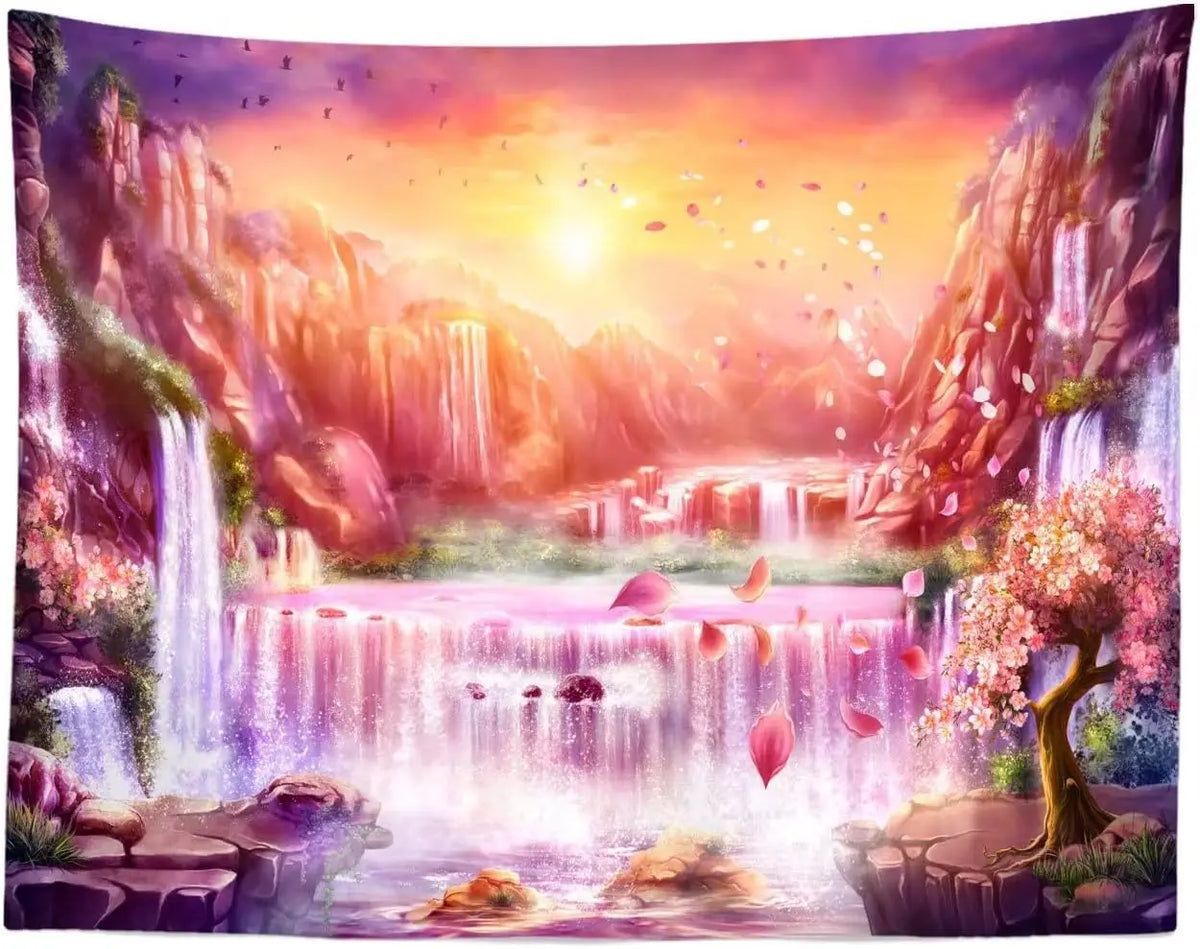 Panoramic tapestry featuring vibrant waterfalls, lush greenery, and colorful cliffs under a bright sunset sky.