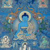 A detailed painting of a seated Buddha with a glowing halo and lotus design surrounded by other spiritual figures.