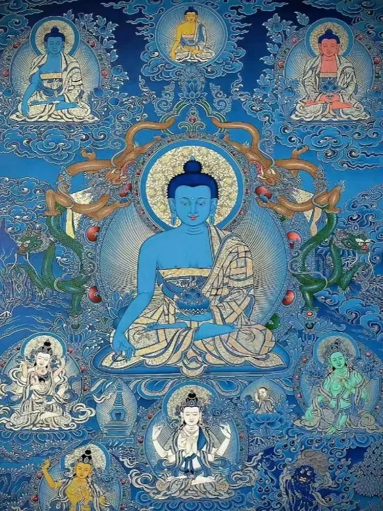 A detailed painting of a seated Buddha with a glowing halo and lotus design surrounded by other spiritual figures.