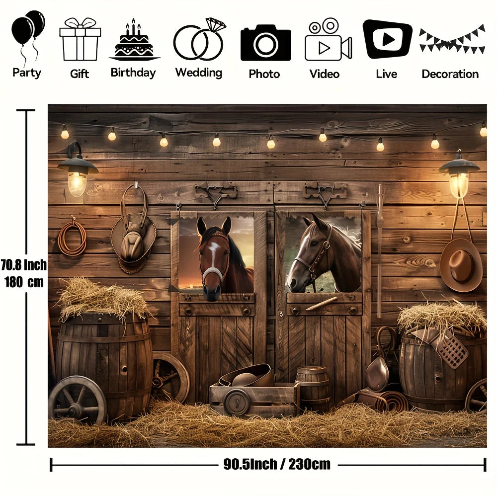 A rustic western cowboy barn door background featuring wooden doors, hay bales, and various party and photo props.
