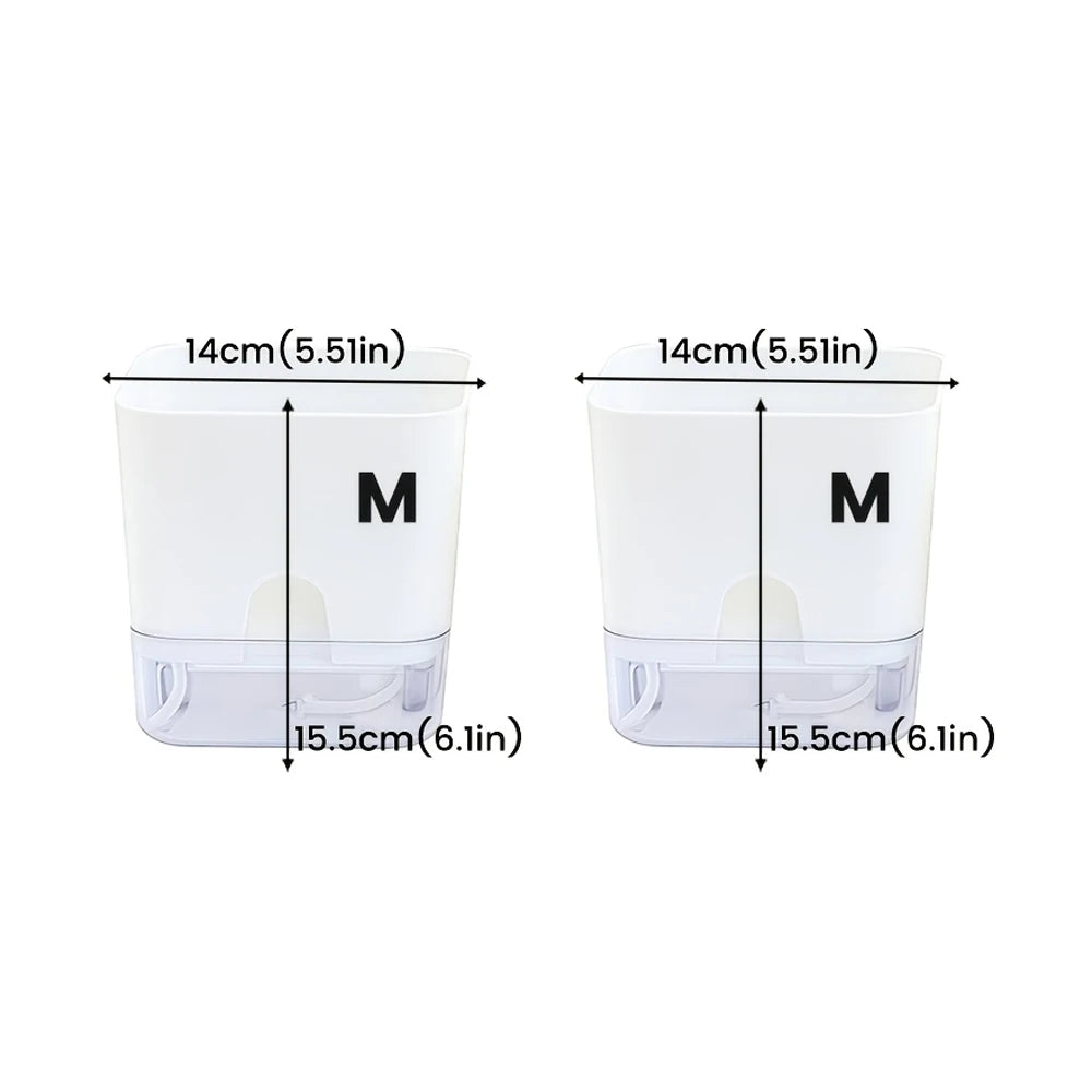 Two clear self-watering planters labeled M, measuring 14cm in diameter and 15.5cm high.
