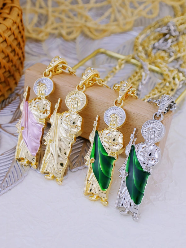 A collection of Saint Jude pendant necklaces featuring gold-plated finishes and various colored stones.