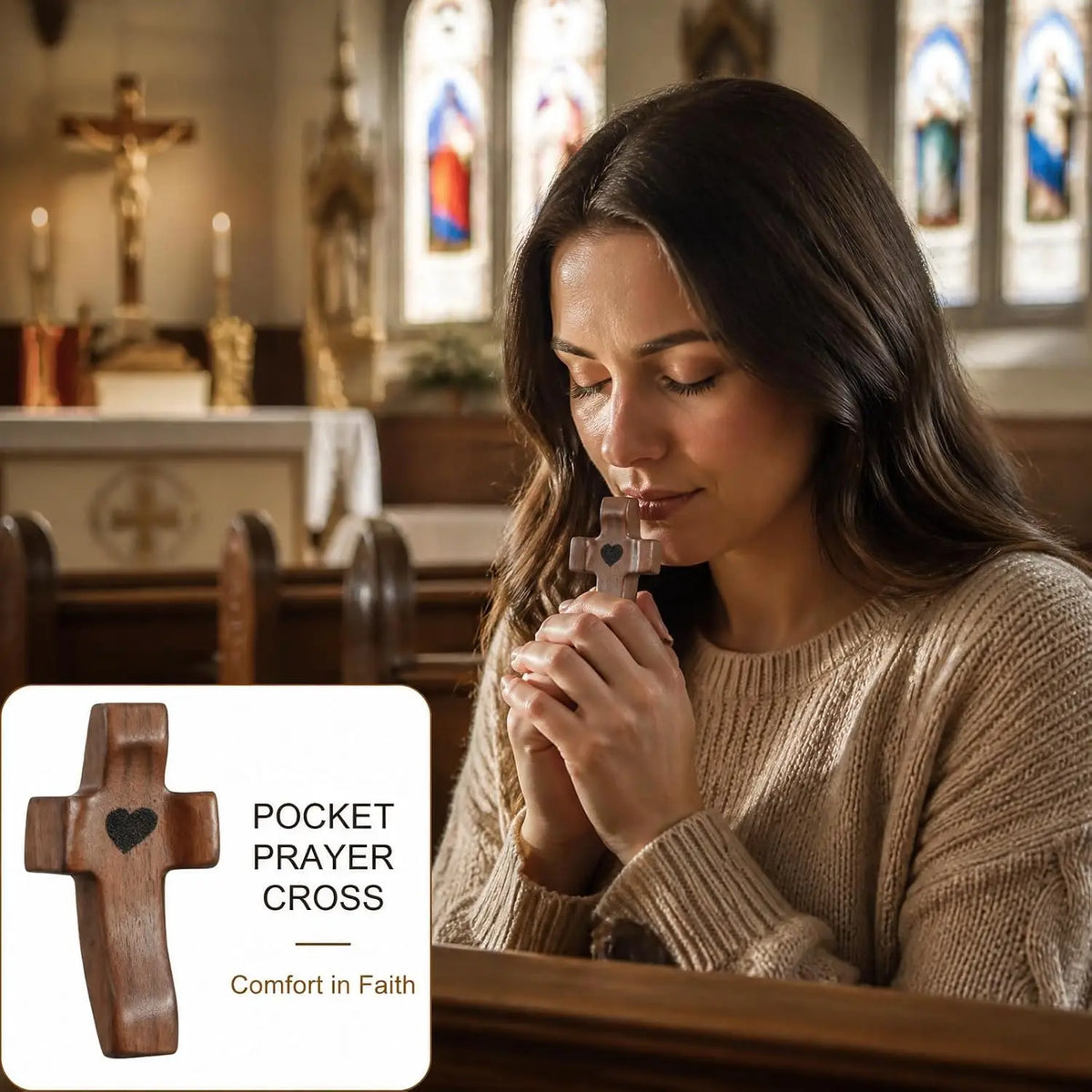 Handcrafted Wooden Pocket Cross with Heart Motif for Prayer and Stress Relief