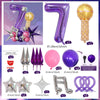A set of decorative balloons including a purple number balloon, a gold balloon, and various shaped balloons like stars and ri
