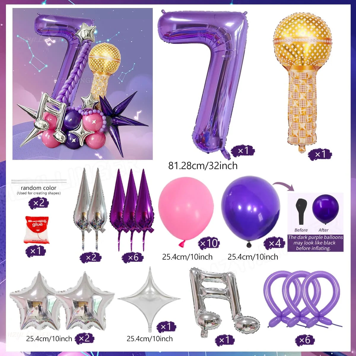 A set of decorative balloons including a purple number balloon, a gold balloon, and various shaped balloons like stars and ri
