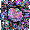 Collage colorido de pegatinas de caballo y unicornio arcoíris neón sobre fondo negro