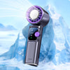 A handheld purple and silver ice fan is shown against a background of blue ice and snow.