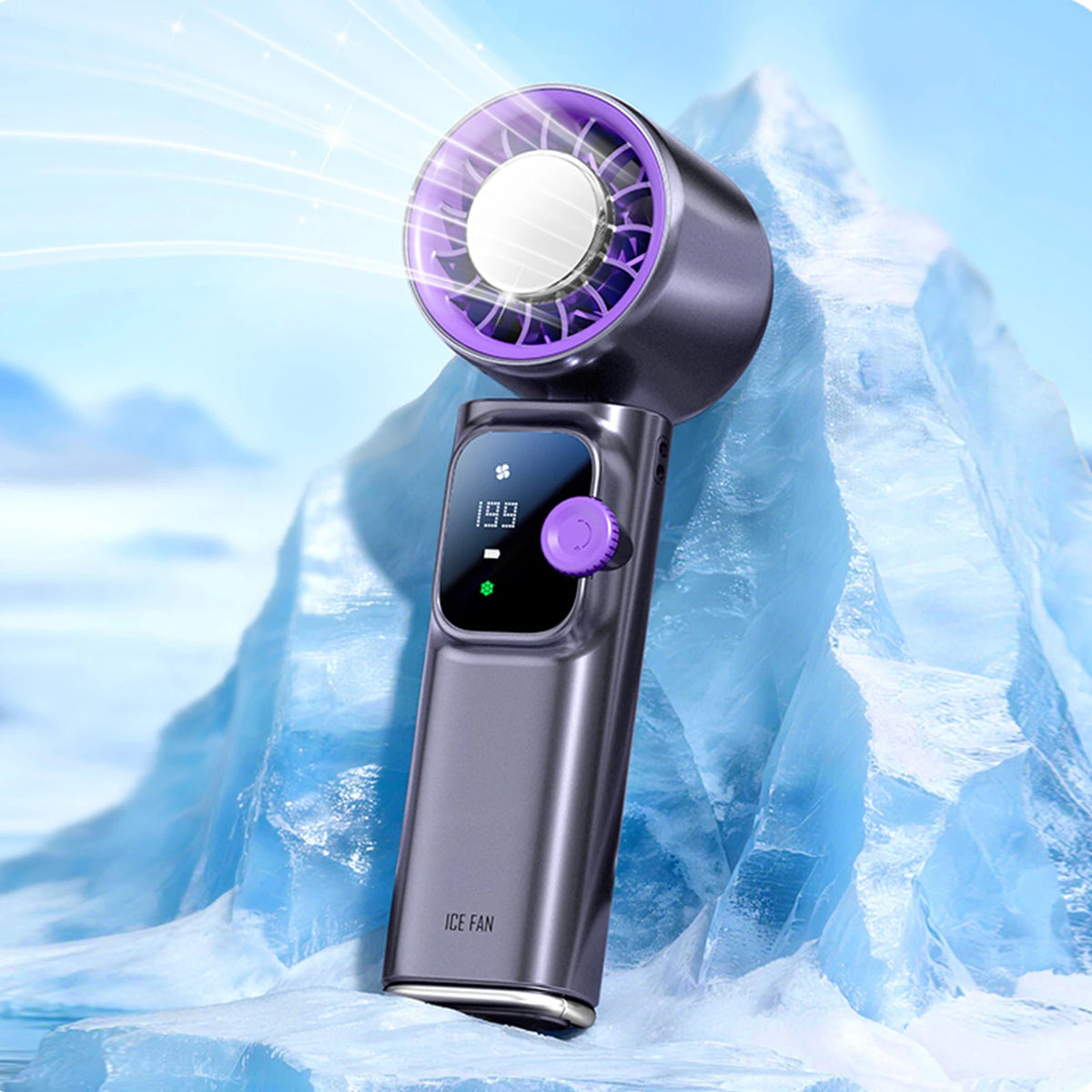 A handheld purple and silver ice fan is shown against a background of blue ice and snow.