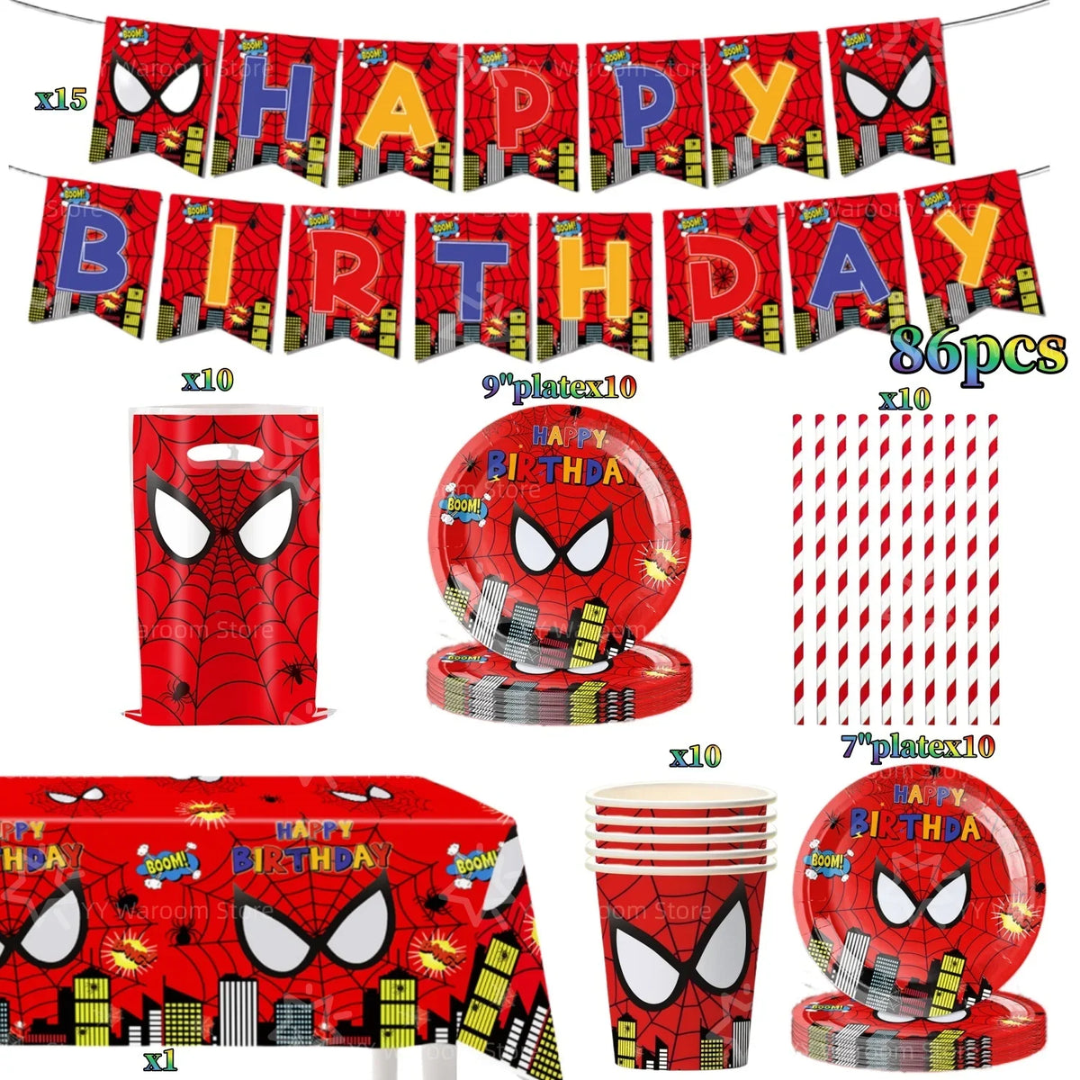 A set of superhero party tableware including a banner, plates, cups, and table decorations.