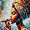 Vibrant oil painting of an African American woman with dreadlocks smoking a pipe against a bright, textured background.