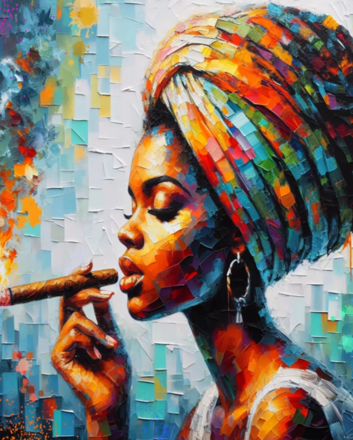 Vibrant oil painting of an African American woman with dreadlocks smoking a pipe against a bright, textured background.