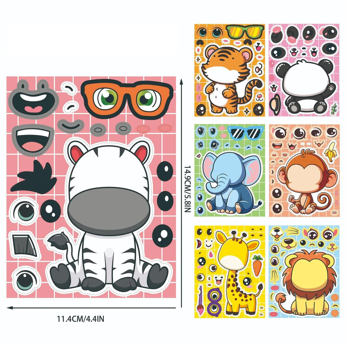 A collection of cartoon animal puzzle stickers featuring tigers, elephants, and other wildlife for DIY decoration.