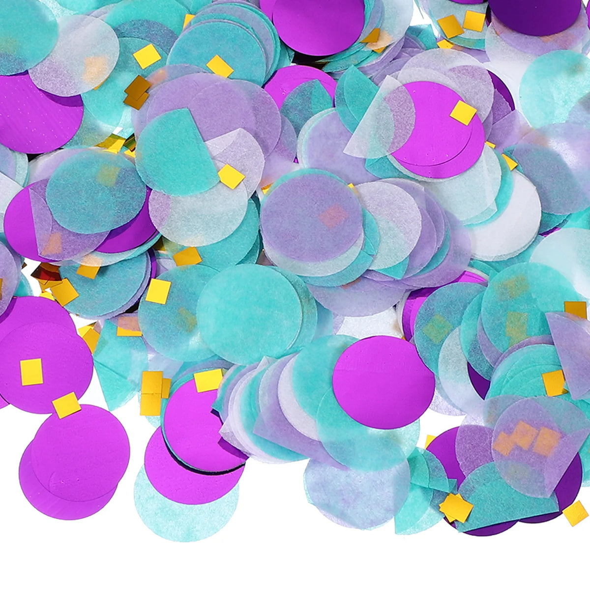 A pile of round tissue paper confetti dots in shades of purple, teal, and light gray.