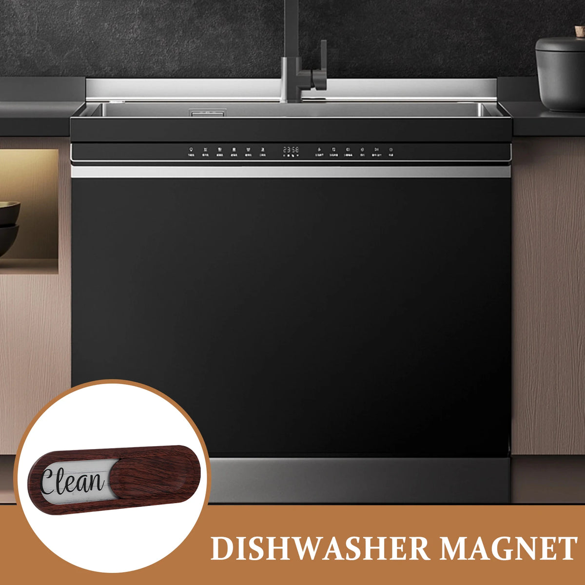A dishwasher magnet showing a clean indicator, placed on a kitchen countertop near a stainless steel appliance.